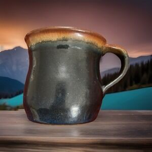 Handmade Studio Pottery Cup Mug Deep Blue Brown Drip Glaze Artisan Signed Heavy